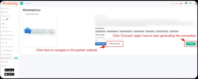 Hostaway Marketplace screen for HostBuddy AI integration with options to connect and navigate to the partner website.