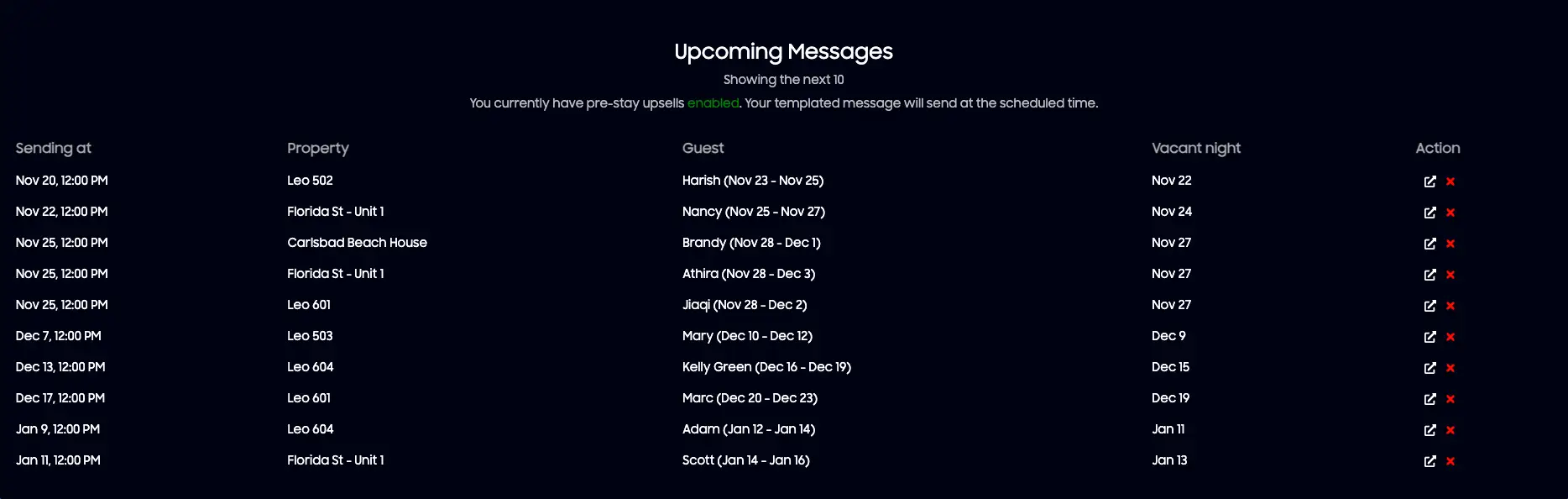 HostBuddy Upcoming Messages screen showing scheduled messages for properties and guests.